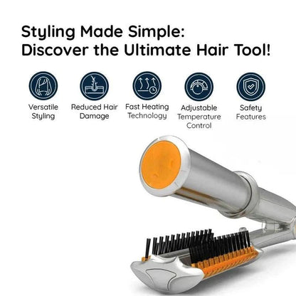 BowLift 2-in-1 rotating hair brush for smoothing and straightening, shown in use with sleek, shiny hair and ergonomic handle.