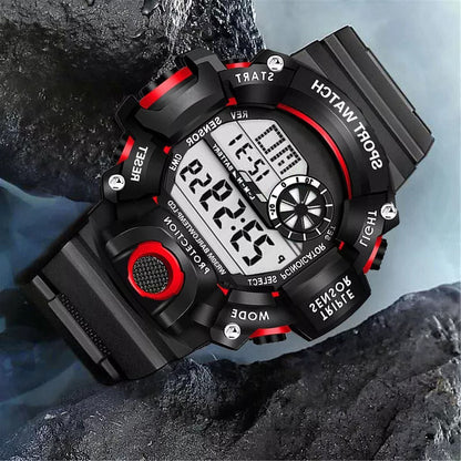 Belro men's digital sports watch with black band and digital display, designed for active wear and fitness tracking.