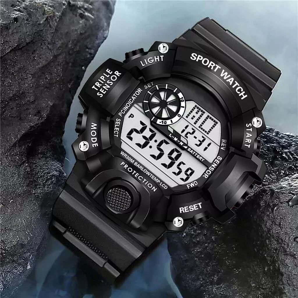 Belro men's digital sports watch with black band and digital display, showcasing time and fitness features.