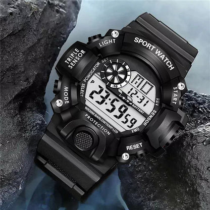 Belro men's digital sports watch with black band and digital display, showcasing time and fitness features.