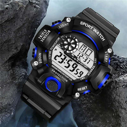Men's digital sports watch by Belro with a black band and digital display showing time and fitness metrics.
