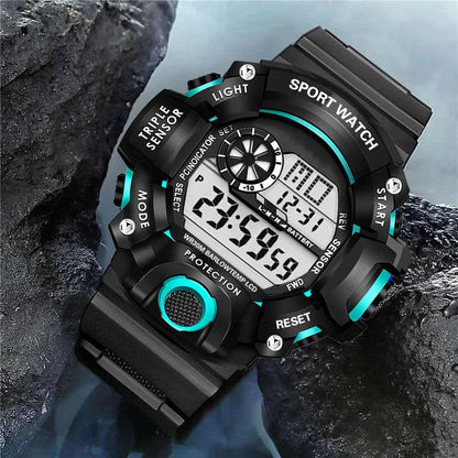 Belro men's digital sports watch with black strap and digital display showing time and fitness data, designed for active wear.