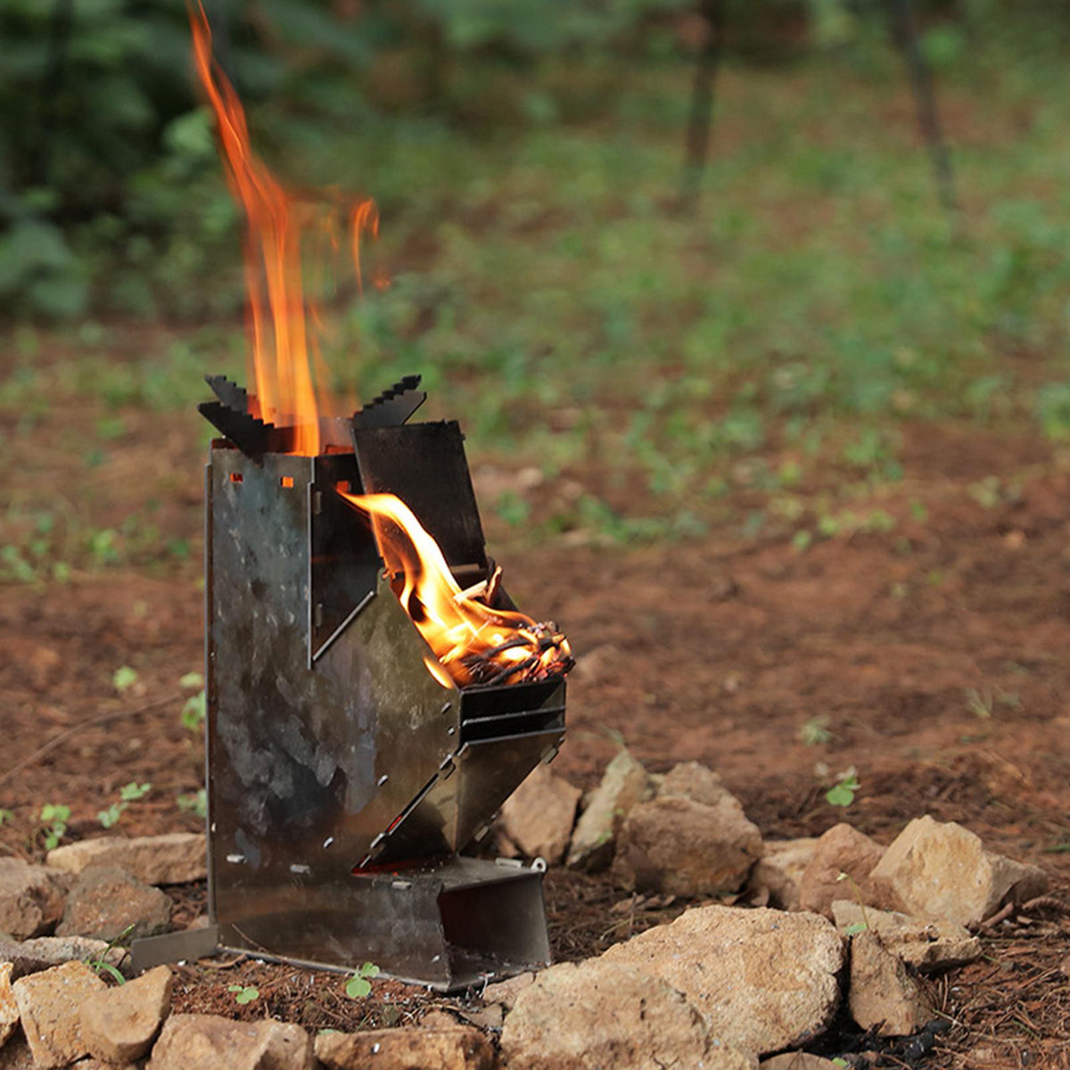 Belro portable outdoor rocket wood burning stove heater for camping and outdoor heating in the garden or patio.