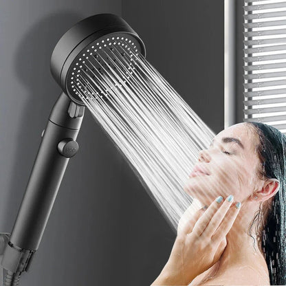 Belro high pressure shower head with hose, durable bathroom fixture, showcasing water spray and flexible hose in a modern bathroom setting.