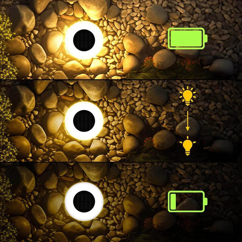 Mivoza solar ground lights 4-pack with 14 LEDs each, 360° ground illumination, garden spike lights for outdoor lighting.