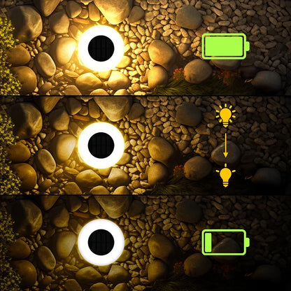 Mivoza solar ground lights 4-pack with 14 LEDs each, 360° ground illumination, garden spike lights for outdoor lighting.