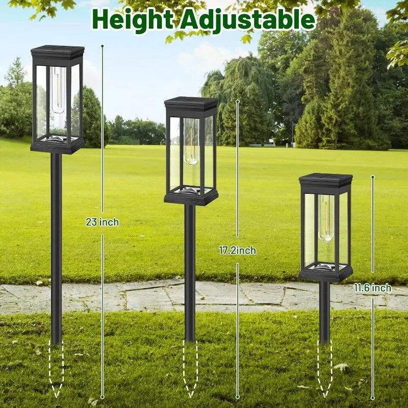 Set of two Mivoza solar pathway lanterns with filament look, auto on/off, perfect for garden lighting along walkways.