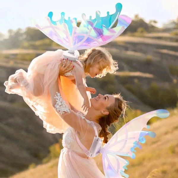 Colorful LED fairy wings costume for kids and adults, vibrant electric wings with lights, perfect for costumes and parties.