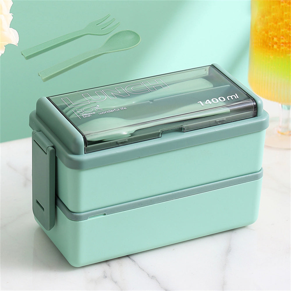 DecorsDeluxe 1400ml double layer bento lunch box with leak-proof design, fork, and spoon inside, showing the stacked containers.