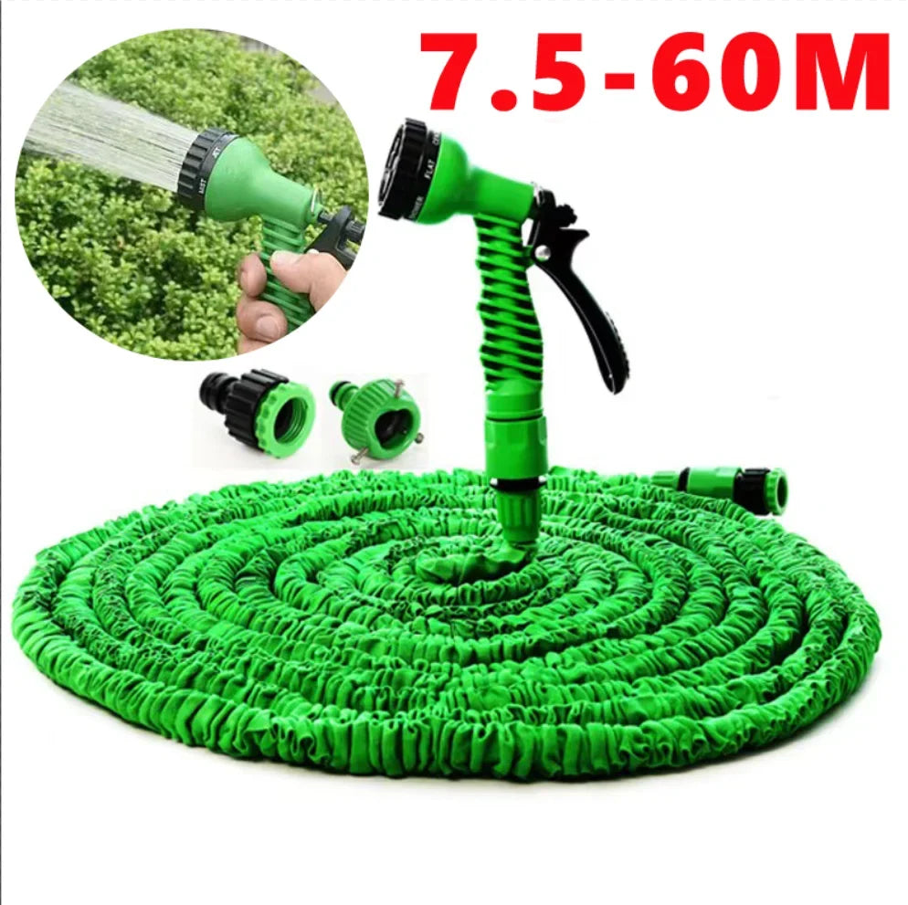 Mivoza expandable garden hose with 7-function spray gun, lightweight and flexible, shown with spray nozzle attached in a garden setting.