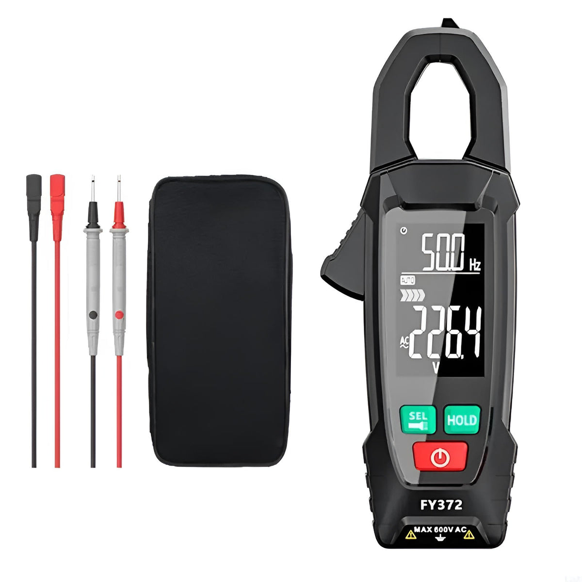 Belro AC DC clamp electric meter showing digital display and clamp jaw for measuring electrical current and voltage.