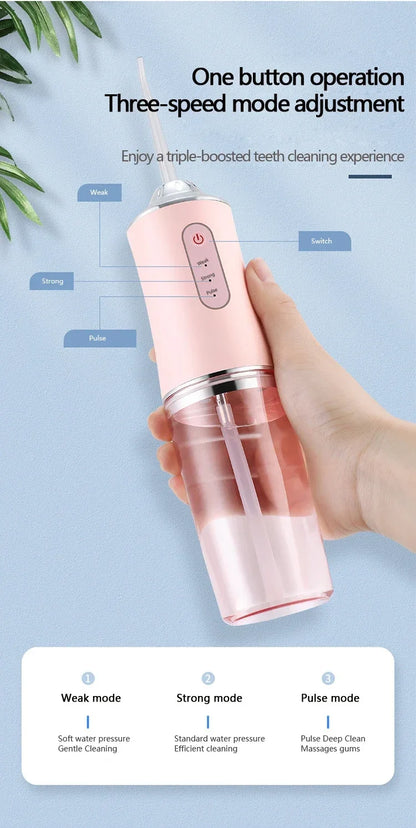 Mivoza portable water flosser with four cleaning heads, three modes, and IPX7 waterproof design for effective oral care.