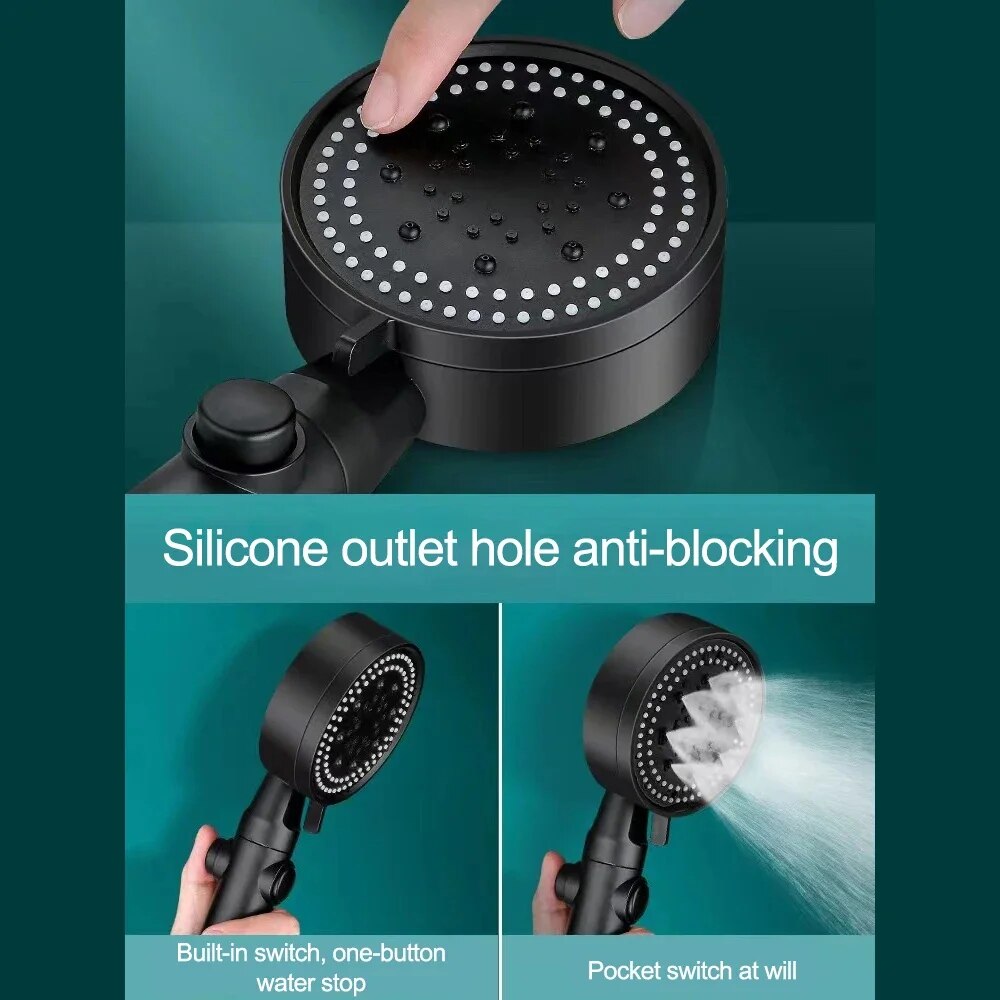 Belro high pressure shower head with hose, chrome finish, adjustable spray settings, mounted on a bathroom wall.