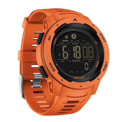 BowLift military waterproof pedometer watch displaying digital steps, distance, and outdoor activity tracking.