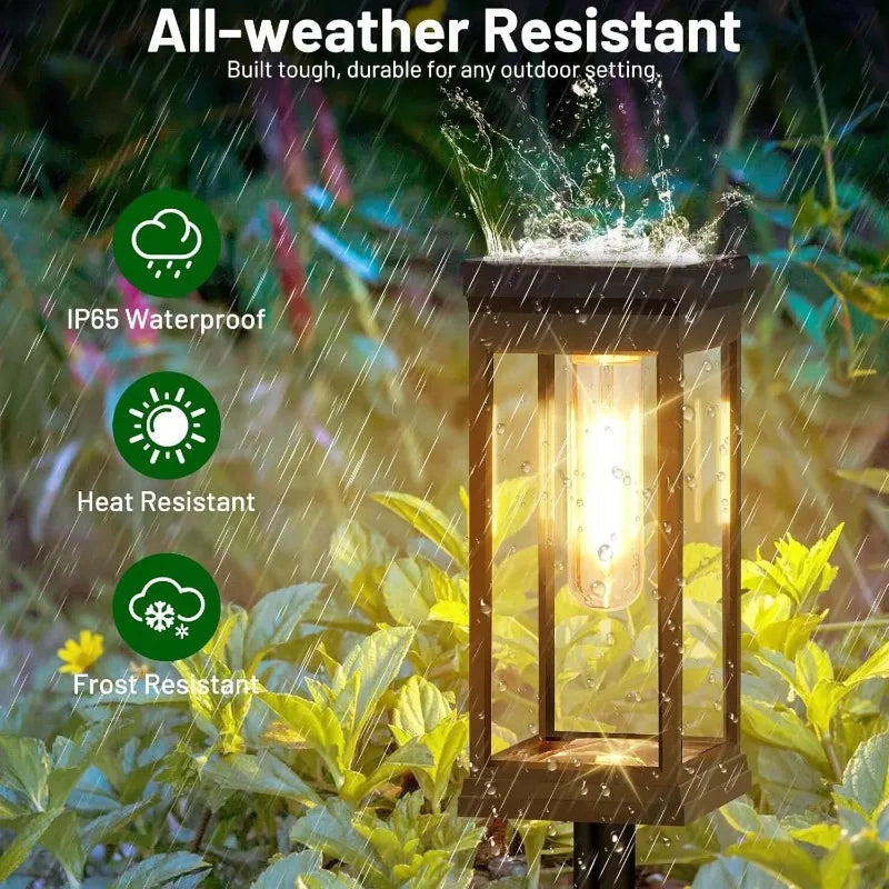 Set of 2 Mivoza solar pathway lanterns with filament look, auto on/off outdoor garden lights for pathway illumination.