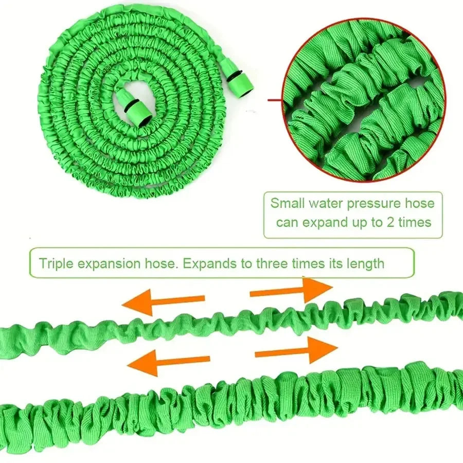 Mivoza expandable garden hose with 7-function spray gun, lightweight and flexible, expands 3 times for easy outdoor watering.