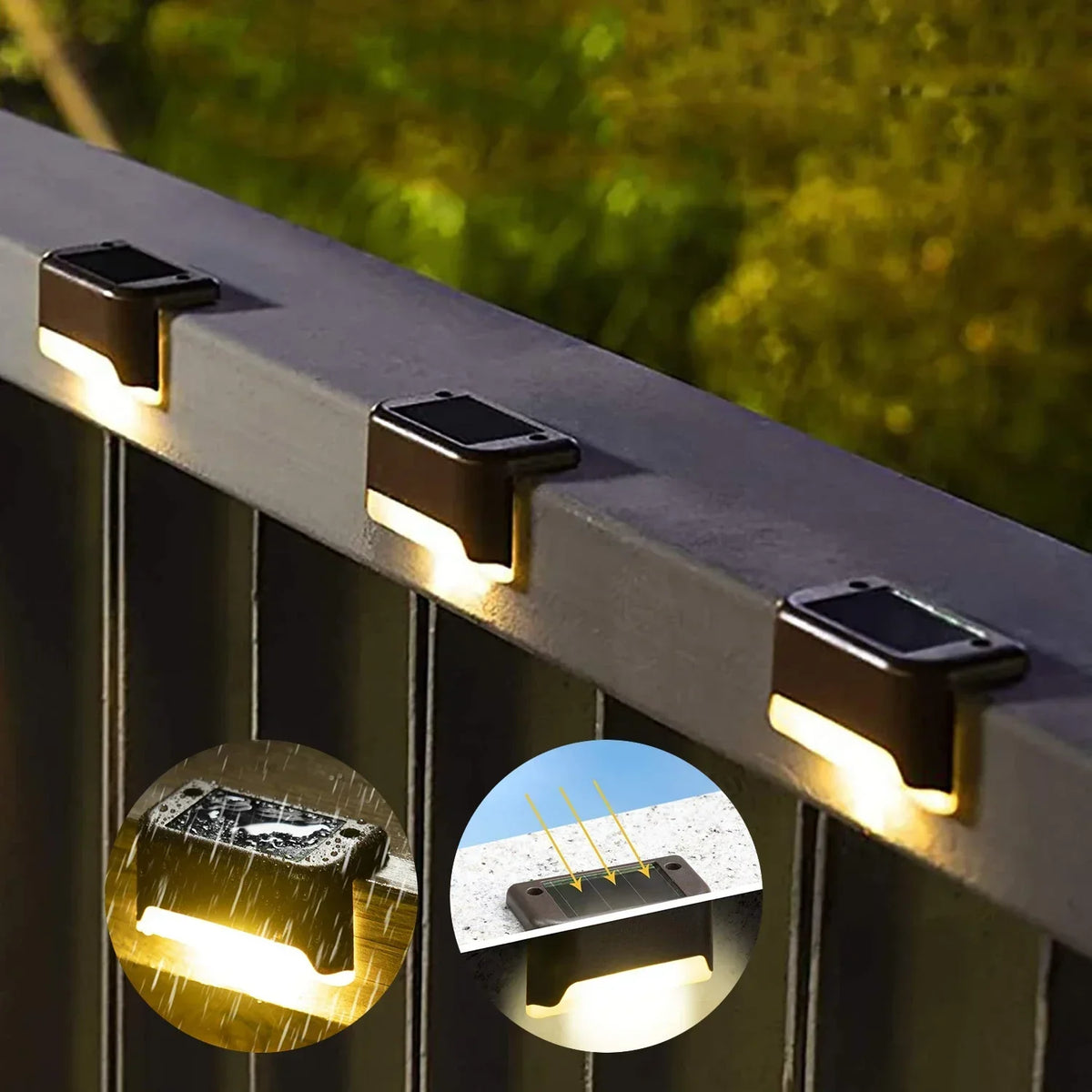 Eight Mivoza solar step lights for outdoor path illumination, featuring automatic on/off, installed along garden steps at night.