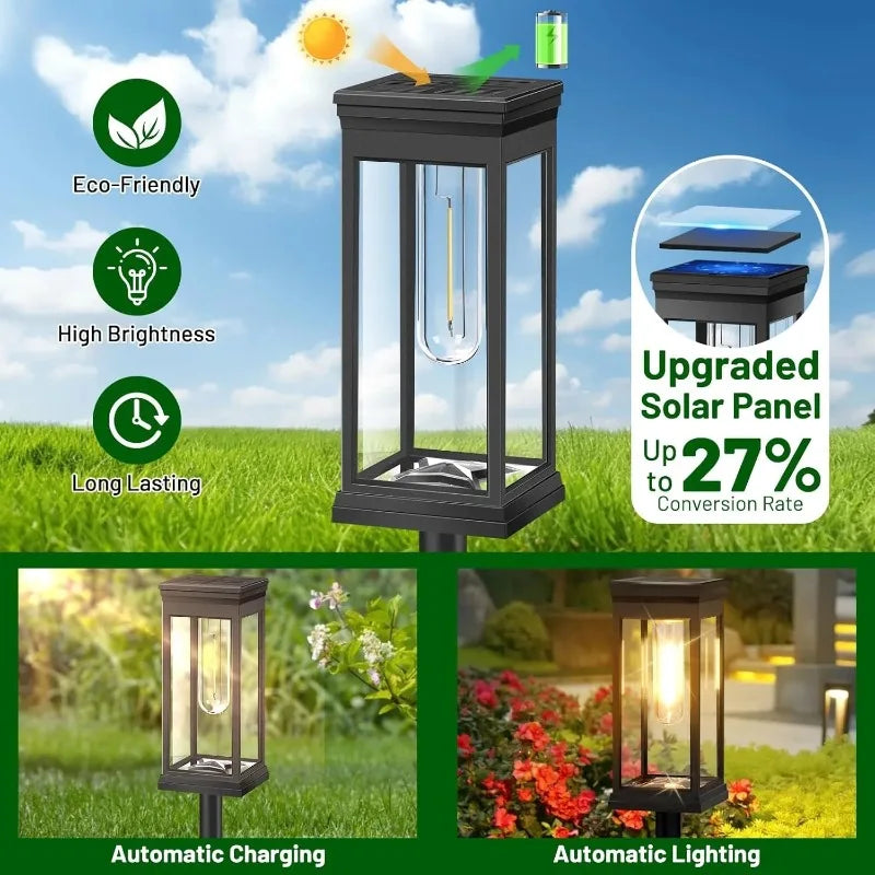 Set of 2 Mivoza solar pathway lanterns with filament look, automatic on/off, perfect for garden lighting and outdoor pathways.
