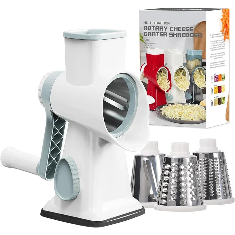 Mivoza rotary cheese grater with three interchangeable drums and easy-to-clean design for efficient cheese shredding in the kitchen.