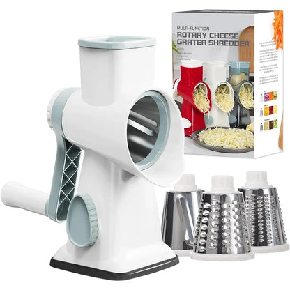 Mivoza rotary cheese grater with three interchangeable drums and easy-to-clean design for efficient cheese shredding in the kitchen.