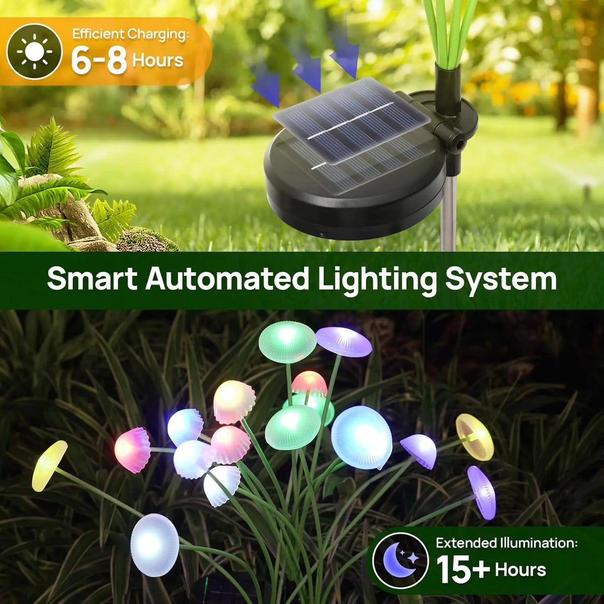 Set of two Mivoza solar mushroom garden stake lights with six swaying heads for decorative outdoor lighting.