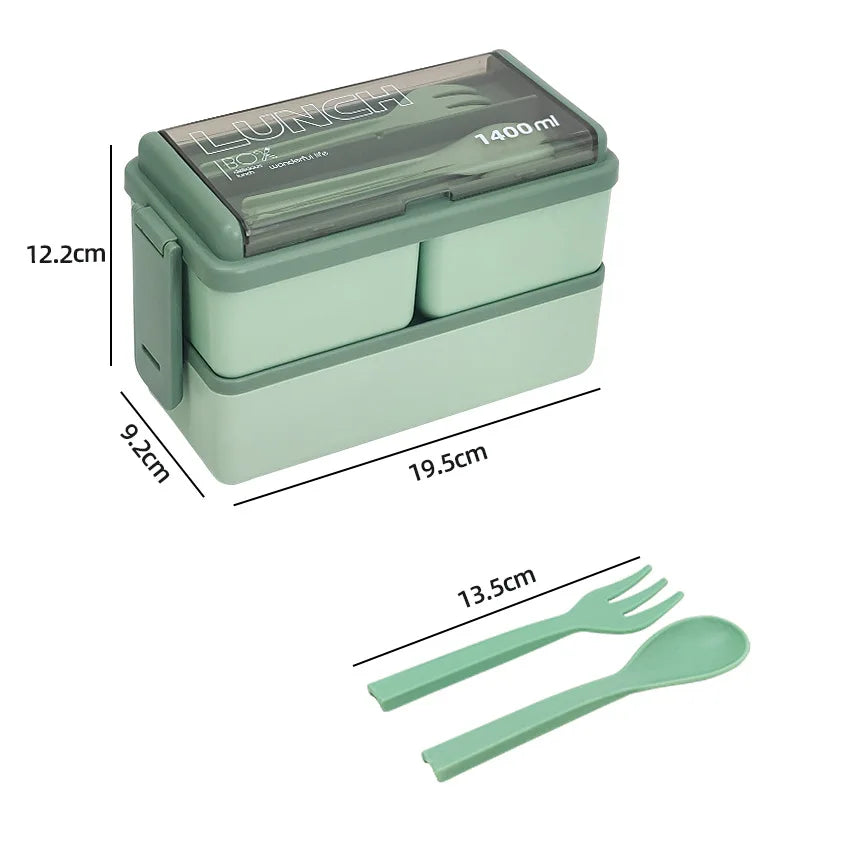 DecorsDeluxe 1400ml double layer bento lunch box with leak-proof design, includes fork and spoon, perfect for meal prep and on-the-go eating.