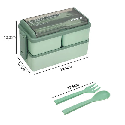 DecorsDeluxe 1400ml double layer bento lunch box with leak-proof design, includes fork and spoon, perfect for meal prep and on-the-go eating.