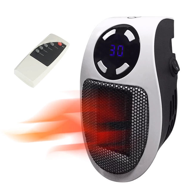 Belro mini portable electric plug-in personal room space heater on a table, compact home appliance for quick warmth.