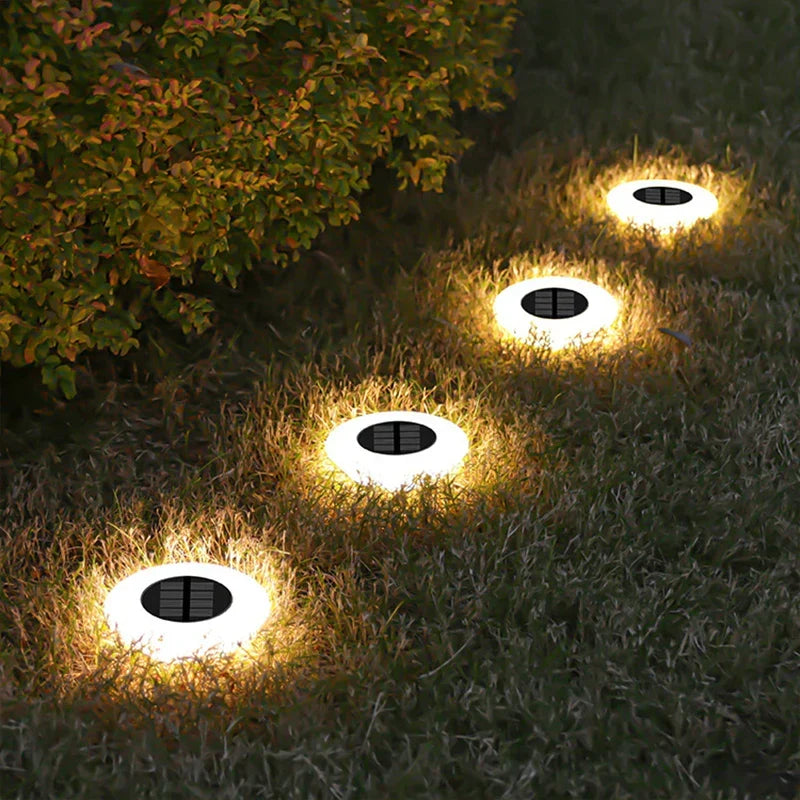 Mivoza solar ground lights 4-pack with 14 LEDs and 360° illumination, installed in a garden for outdoor lighting.