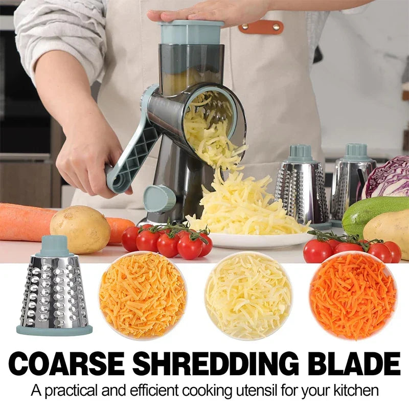 Mivoza rotary cheese grater with three interchangeable drums and easy-to-clean design, perfect for shredding cheese in the kitchen.