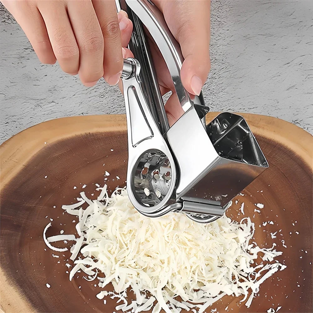 Mivoza stainless steel rotary cheese grater with hand crank, ideal for shredding cheese and vegetables in the kitchen.