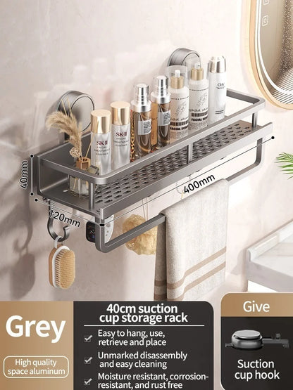 Mivoza suction cup bathroom shelf in three sizes mounted in shower, waterproof wall mount, no drill, ideal for shower storage.