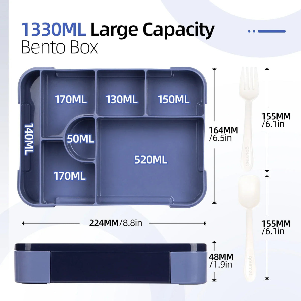 DecorsDeluxe Bento lunch box with 7 compartments, 1330ml capacity, leak-proof design, includes cutlery for convenient meal prep.
