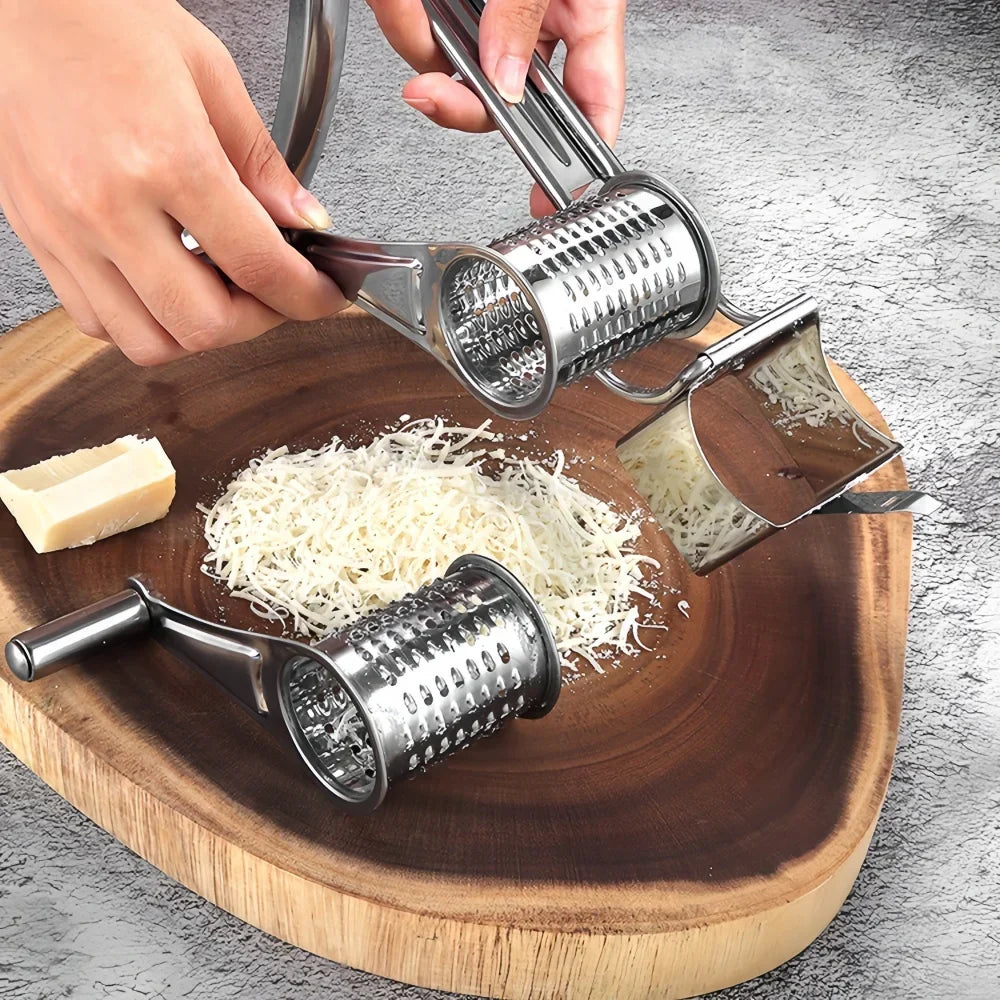 Mivoza stainless steel rotary cheese grater with hand crank, ideal for shredding cheese and vegetables in the kitchen.