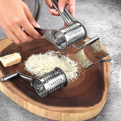 Mivoza stainless steel rotary cheese grater with hand crank, ideal for shredding cheese and vegetables in the kitchen.