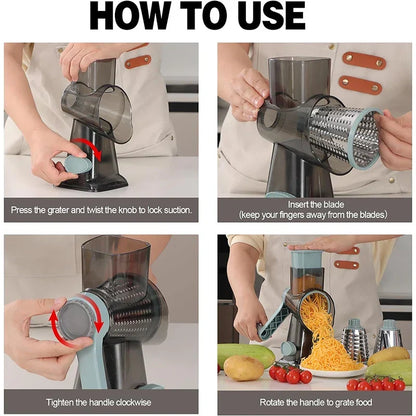 Mivoza rotary cheese grater with three interchangeable drums and easy-to-clean design for efficient cheese shredding in the kitchen.