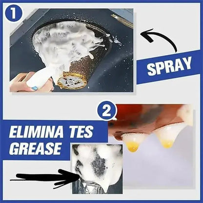 Mivoza foam kitchen cleaner for grease removal, no rinse, food-safe formula, applied on kitchen countertop with foam.