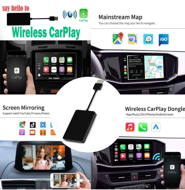 Belro Carplay and Android Auto adapter connected to car infotainment screen, compatible with all car brands, electronic audio device.