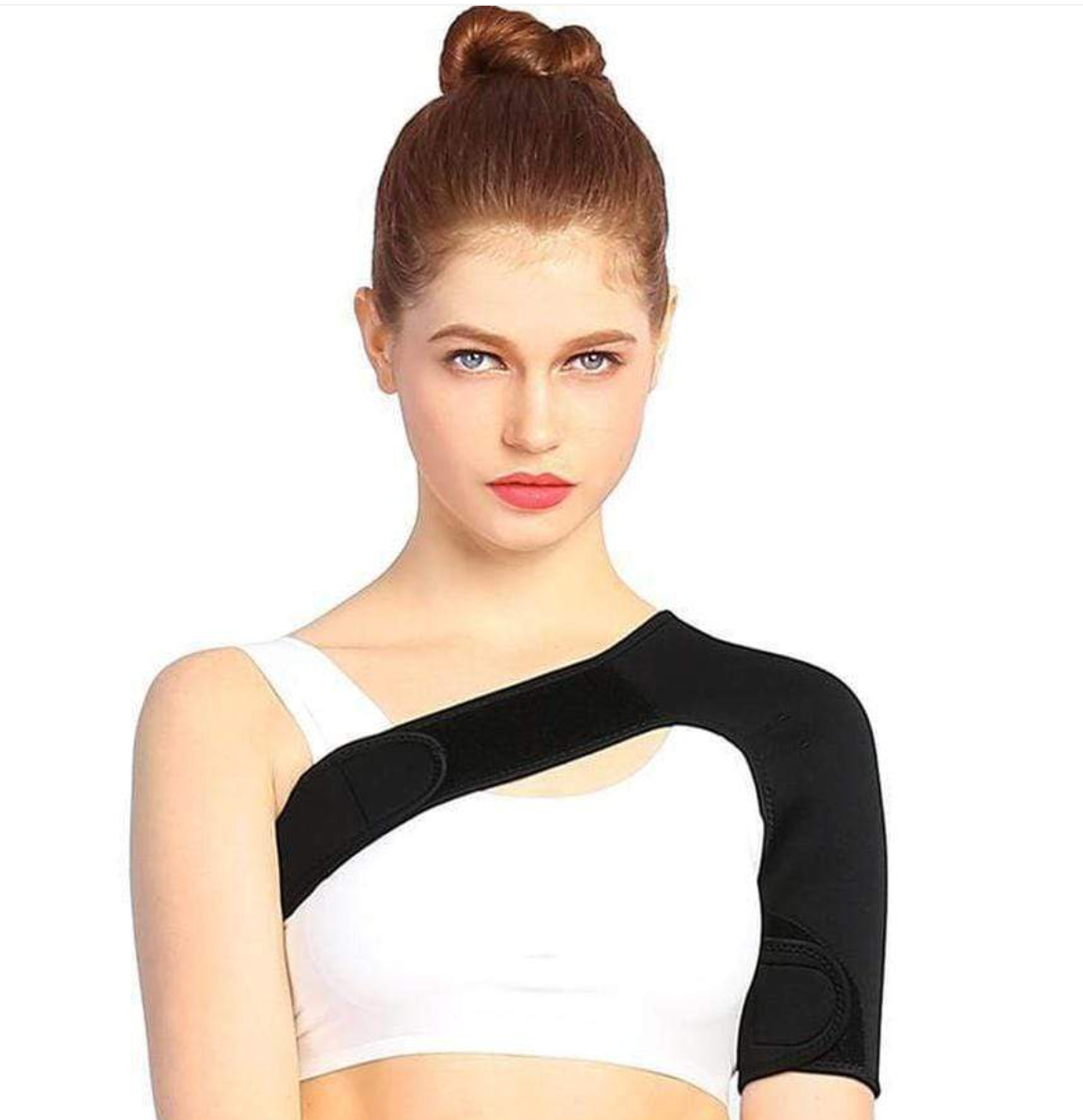 Belro women's shoulder brace compression sleeve support strap shown on a model's shoulder for added stability and pain relief.
