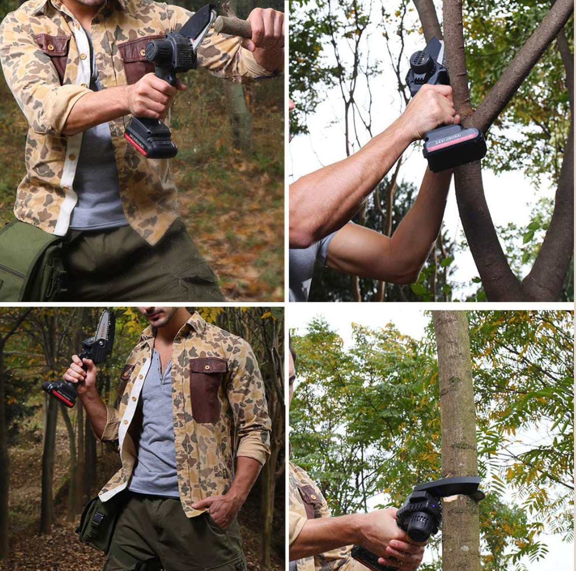 Image of a man wearing outdoor clothing, showcasing the upgraded 24V Mini Chainsaw by Belro for men.