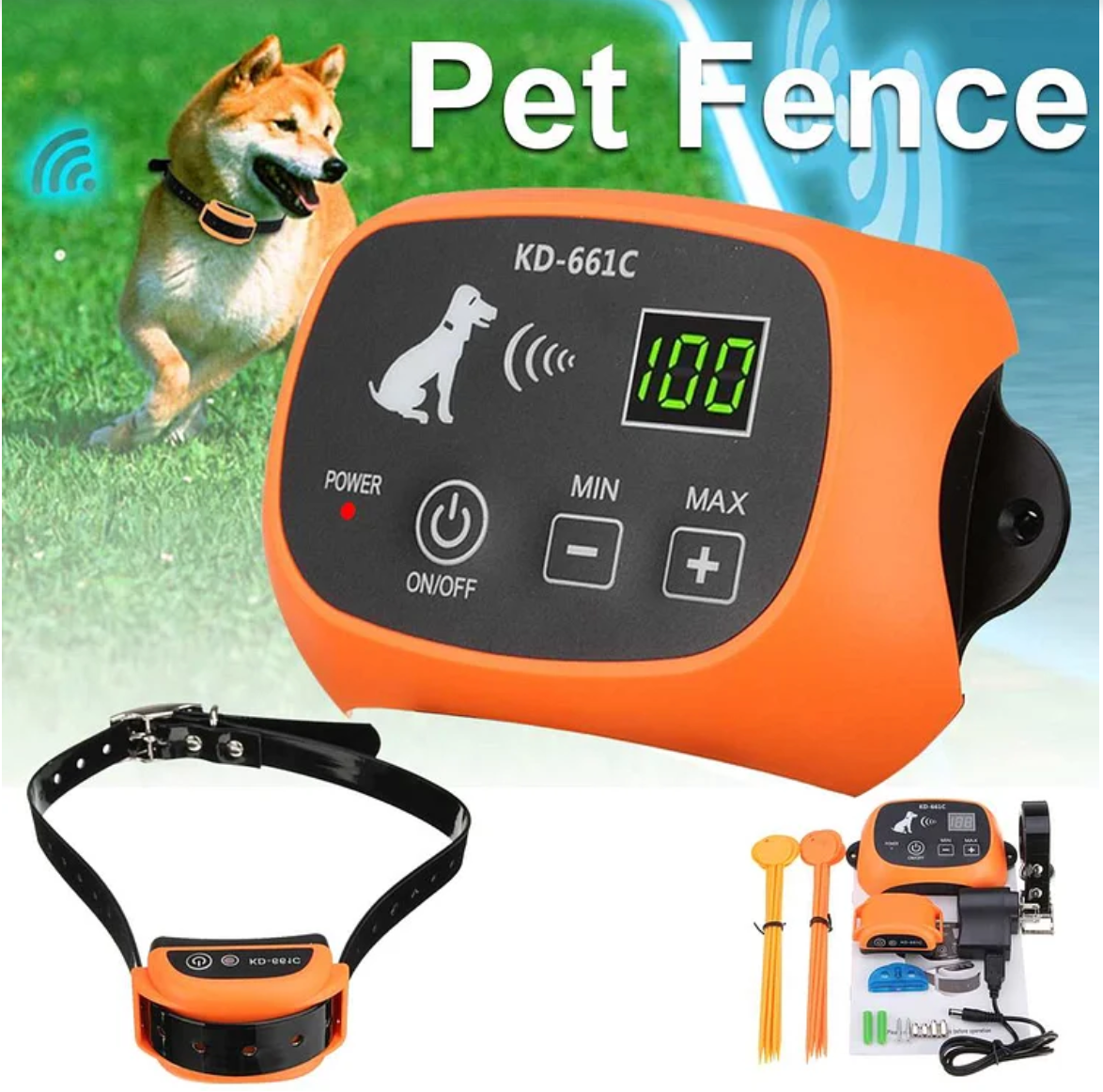 Belro wireless electric dog fence with shock collar and control unit, showing setup and collar attachment for pet containment.