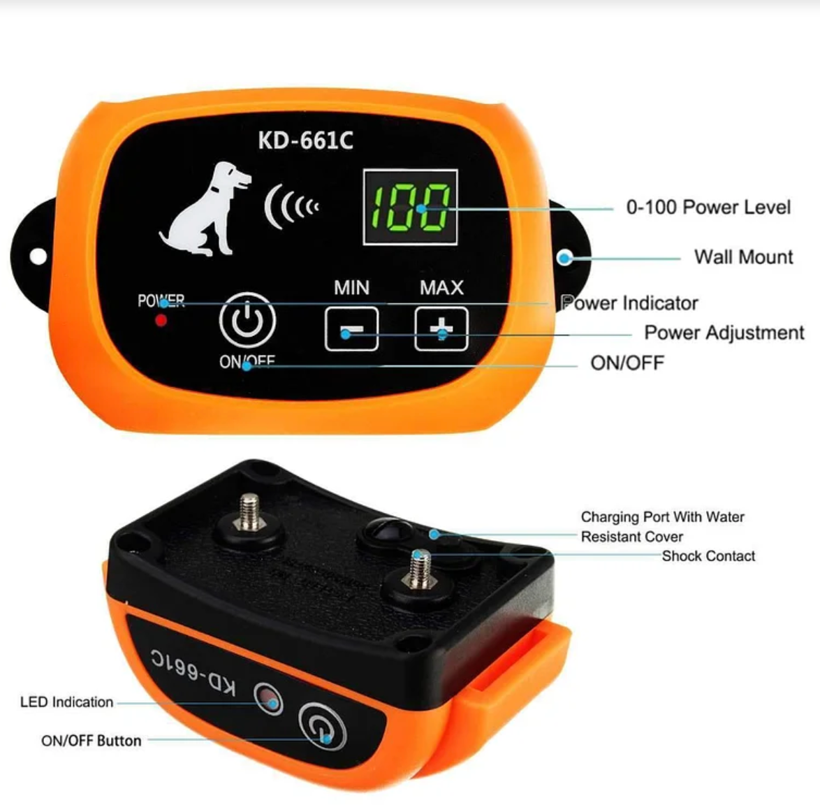 Wireless electric dog fence with shock collar by Belro, showing the electronic system and collar device for pet containment.