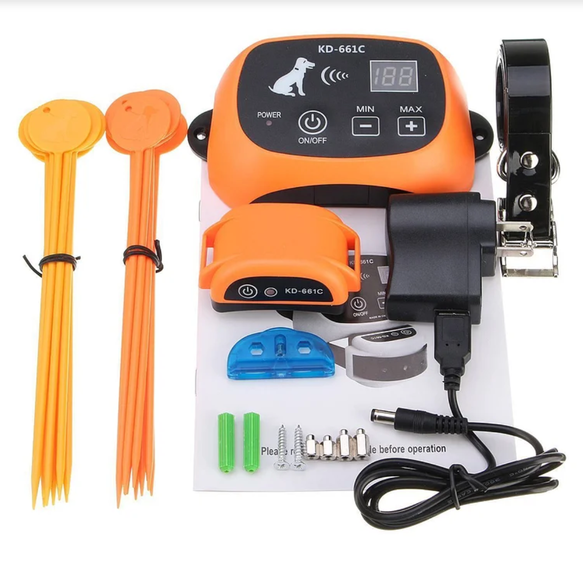 Wireless electric dog fence with shock collar by Belro, showing the electronic system and collar device in a close-up image.