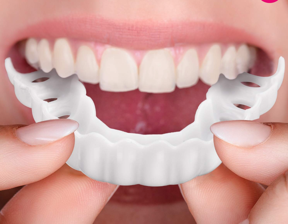 Belro adjustable snap-on dentures shown in a close-up image, highlighting their fit and design for oral care.