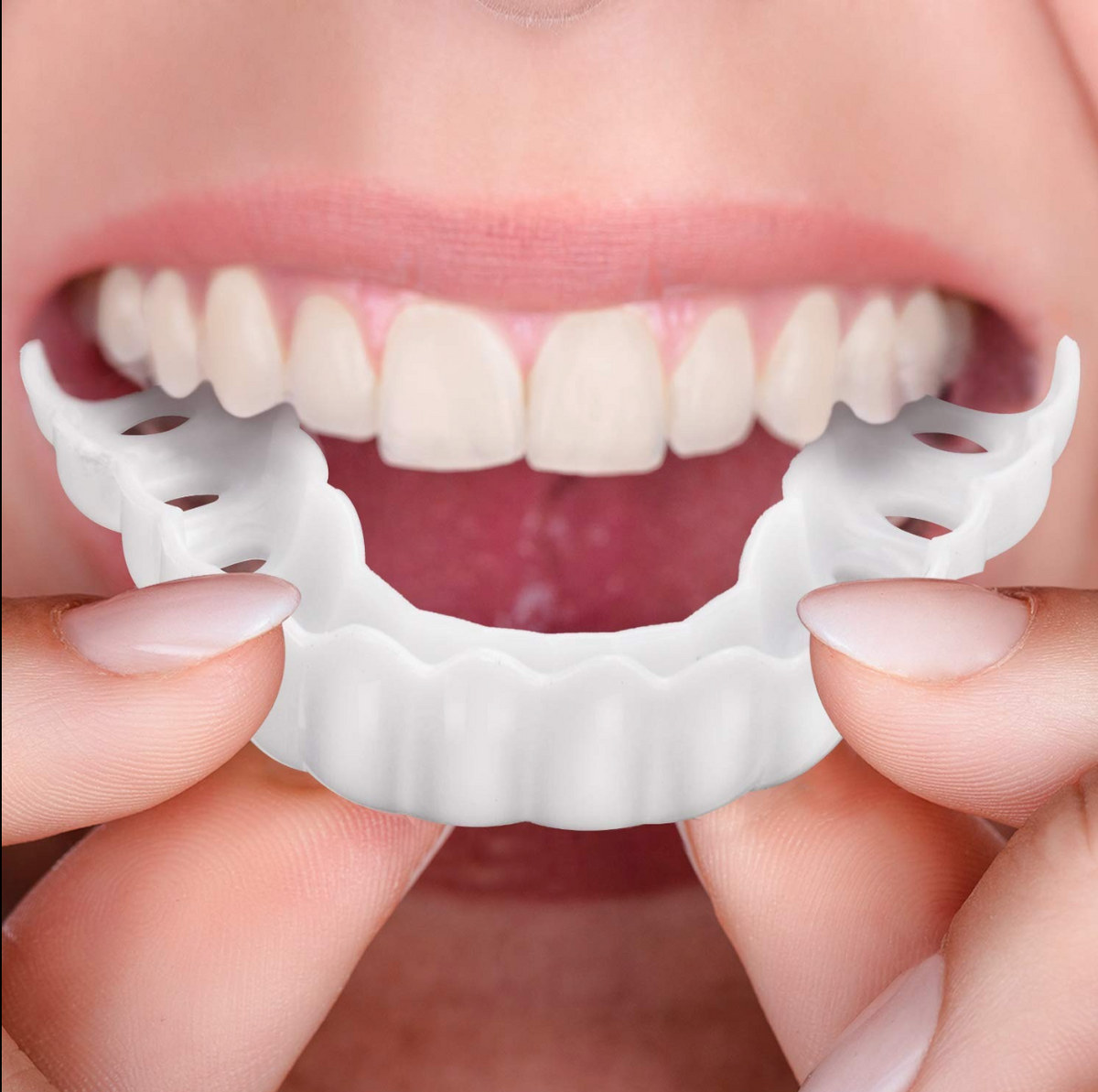 Adjustable Snap-On Dentures by Belro, showing a close-up of the secure fit and natural appearance for oral care.