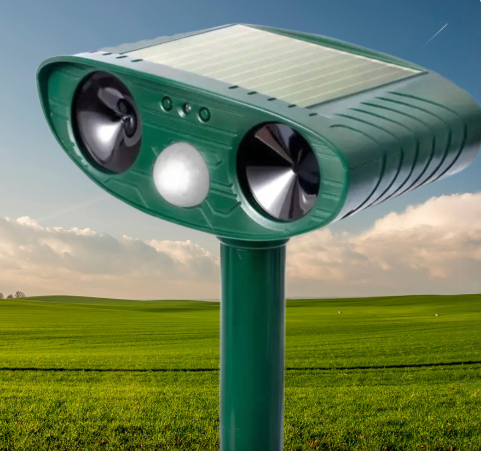 Belro solar-powered animal repeller with ultrasound technology for outdoor pest control in home and garden.