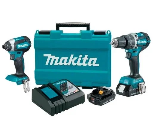 Makita 18V compact lithium-ion brushless cordless combo kit with screw gun and drill, displayed with tools and accessories.