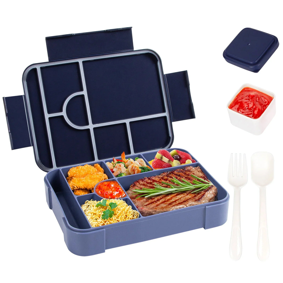 DecorsDeluxe Bento lunch box with 7 compartments, 1330ml capacity, leak-proof design, and included cutlery for meal packing