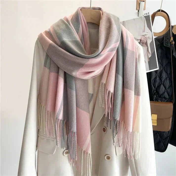 Soft, luxurious cashmere scarf by BowLift, unisex winter accessory in elegant warm neutral tones, showcased draped and folded.