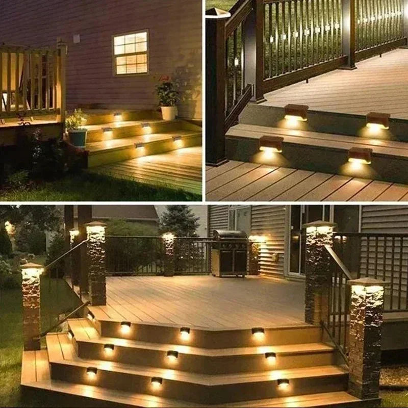 Set of eight Mivoza solar step lights illuminating outdoor paths with automatic on/off for garden and outdoor lighting.